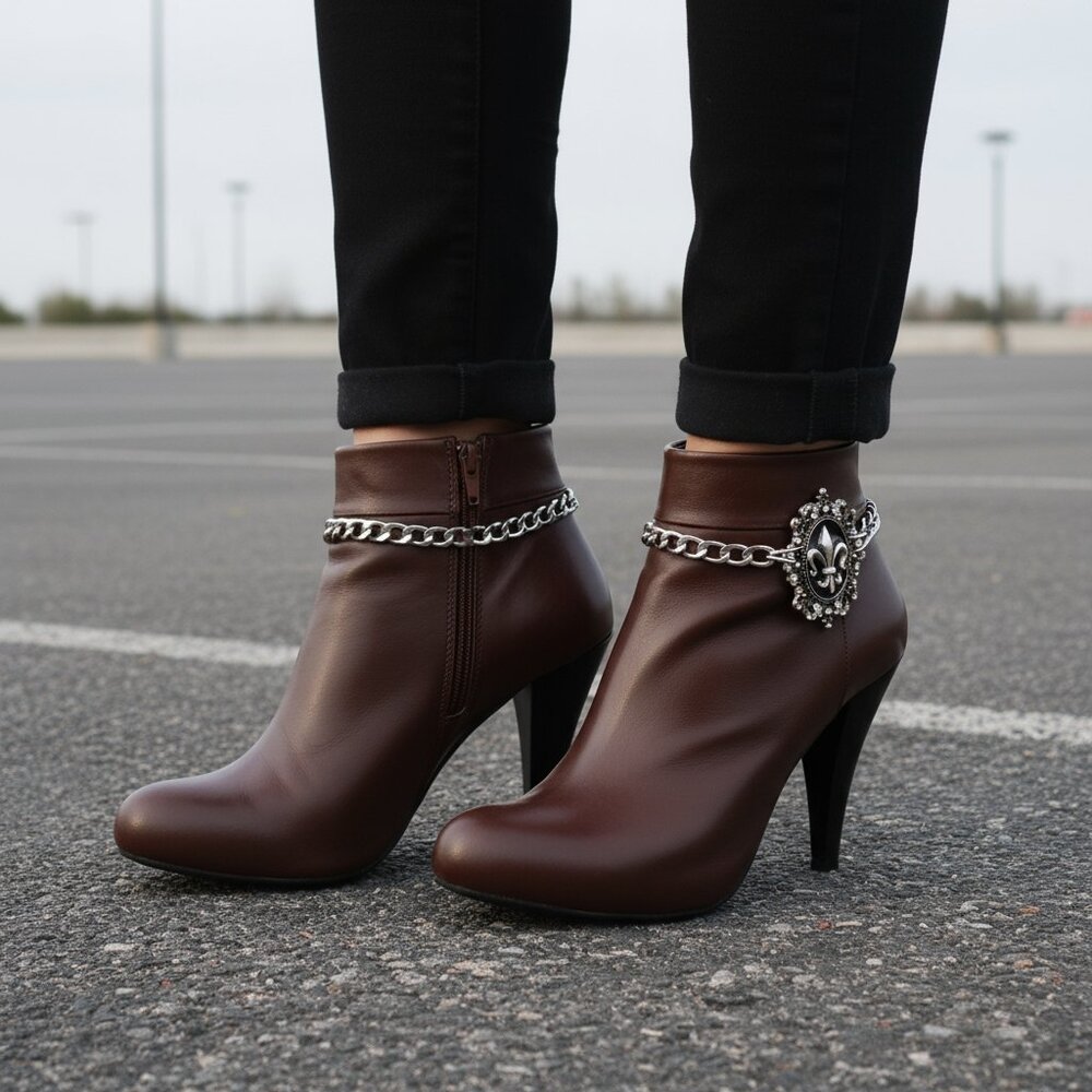 NEW Women 2PCS Silver Metal Boot Chain Shoe Anklet Bling Fleur De Lis Charm PAIR - Picture 14 of 17